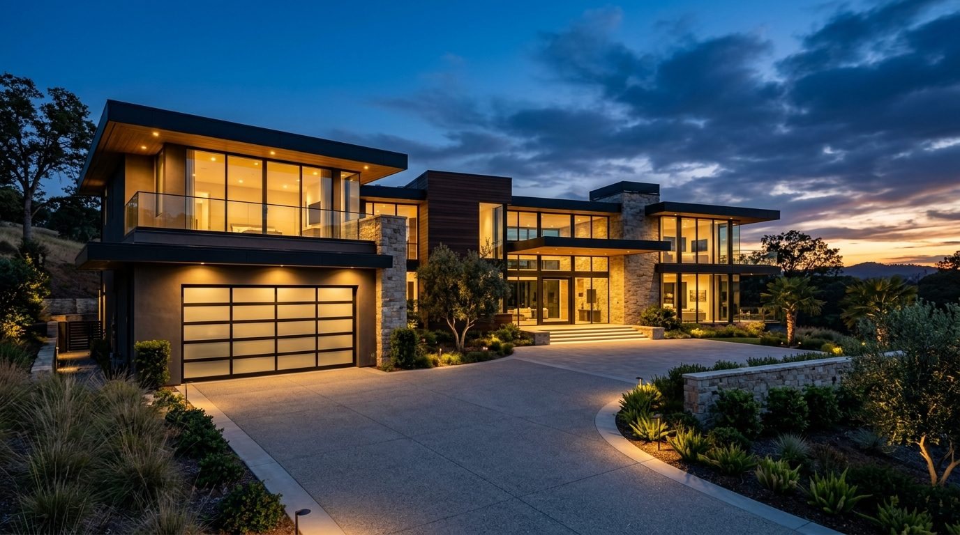 John Elite Garage Door Exterior Closed Garage Door at Twilight